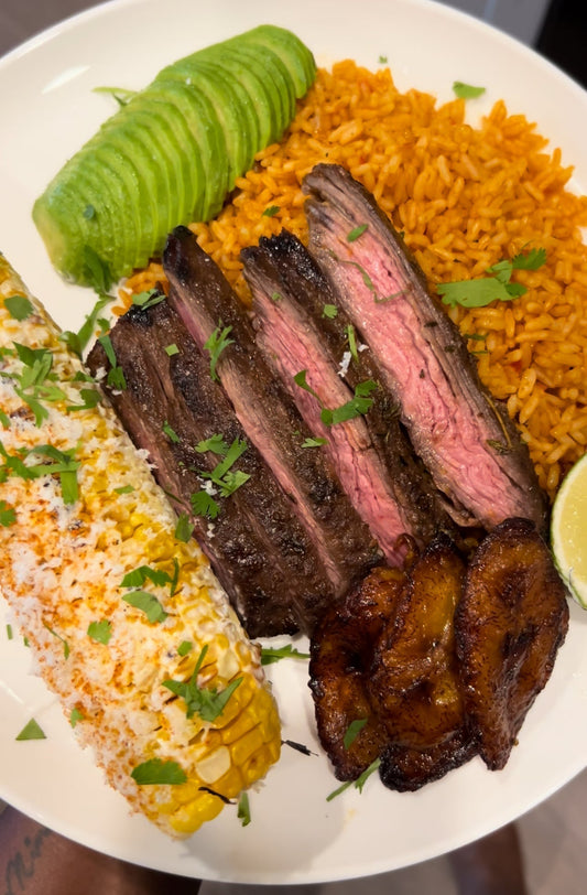 Summer Skirt Steak, Mexican Arroz Rojo & Grilled Street Corn (Elote)