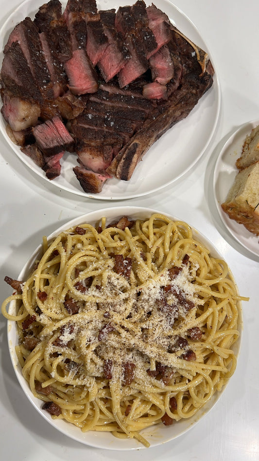 Bucatini Carbonara, Focaccia Bread and Ribeye Steak