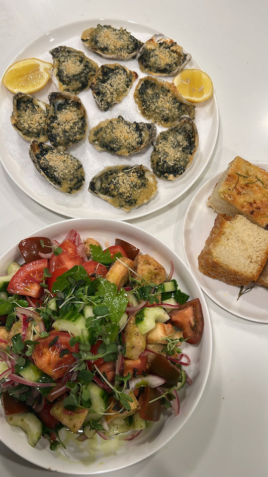 Summer Panzanella Salad, Basil Oil & Oysters Rockefeller