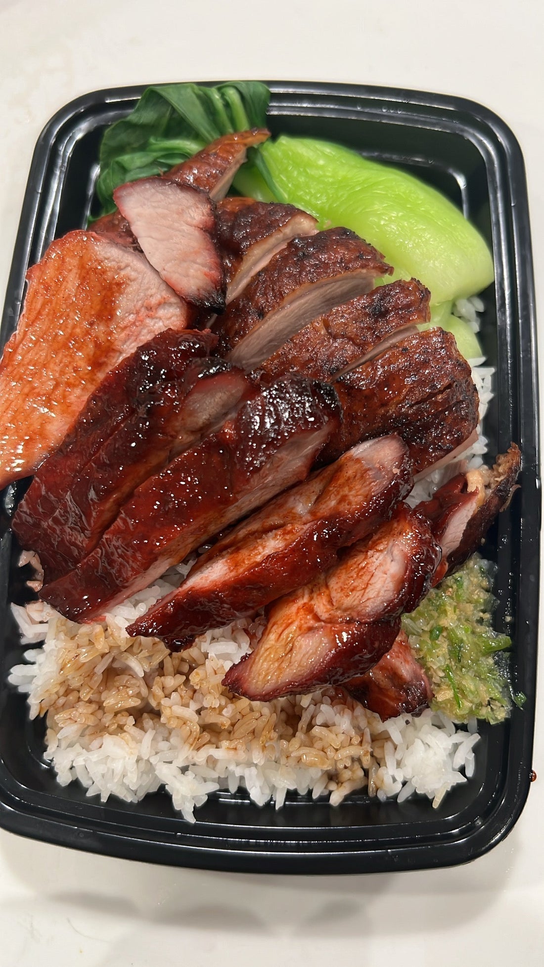 CHAR SIU (CHINESE BBQ PORK), SESAME BOK CHOY, GINGER SCALLION SAUCE, EEL SAUCE