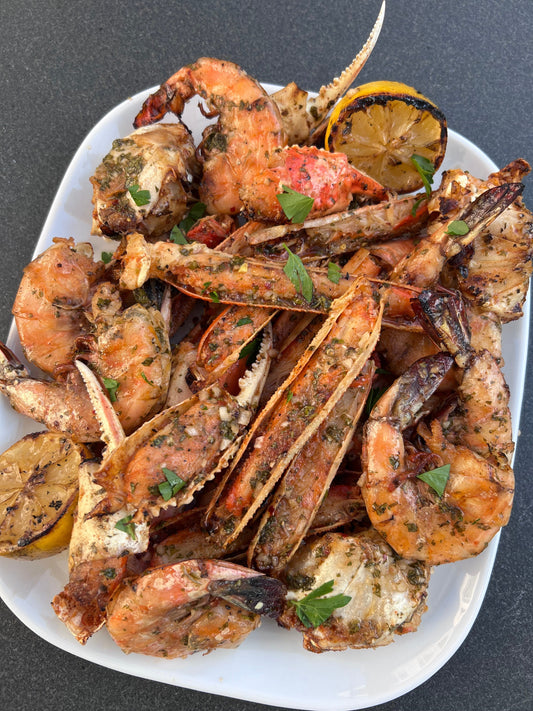 Grilled Open Face Crab Legs & Jumbo Shrimp w. Summer Seafood Basting Sauce
